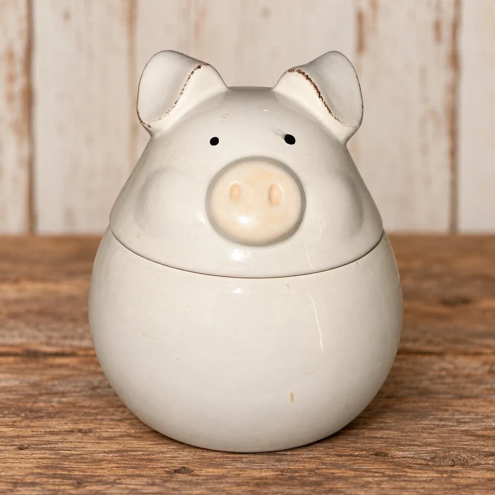 White Ceramic Pig Jar With Lid 7” Farmhouse Kitchen Canister Country Decor